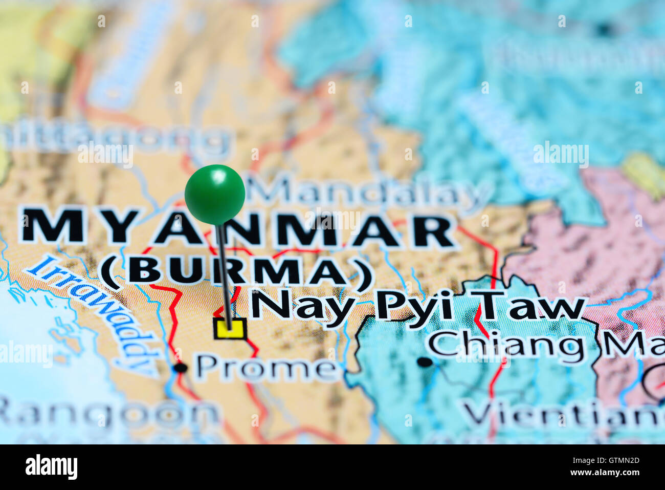 Nay Pyi Taw angeheftet, auf einer Karte von Myanmar Stockfoto