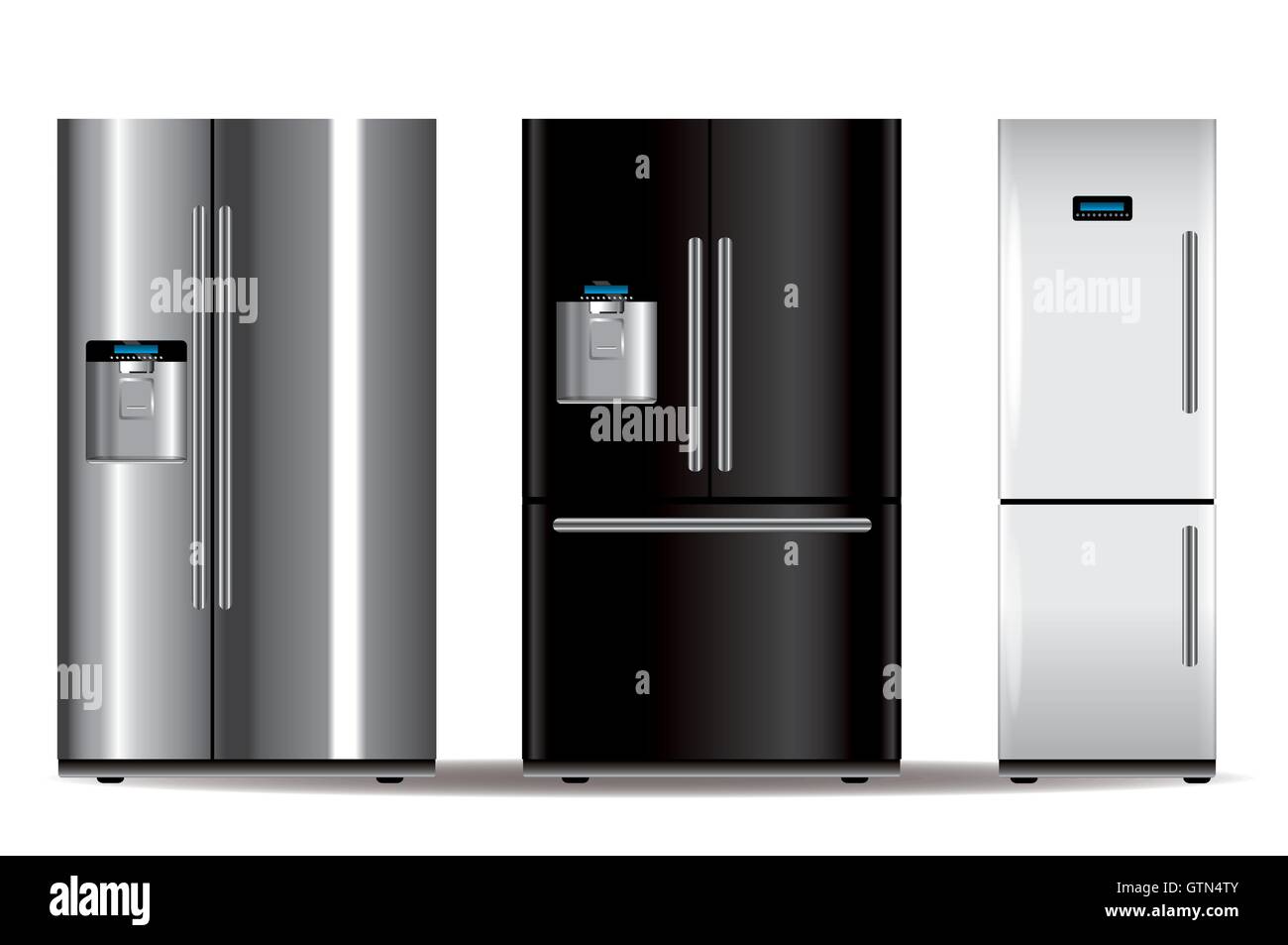 Drei Vektor-Kühlschränke in verschiedenen Farben auf weißem Hintergrund Stock Vektor