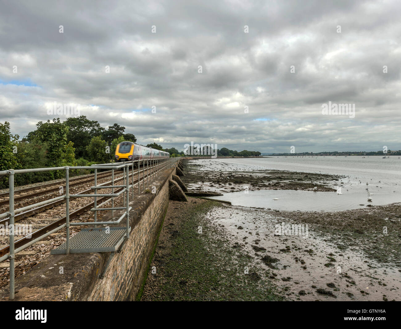 Landschaft abbildenden malerischen erstes Great Western Riviera Eisenbahnlinie entlang Fluß Exe an erstritt, mit Zug nähert. Stockfoto