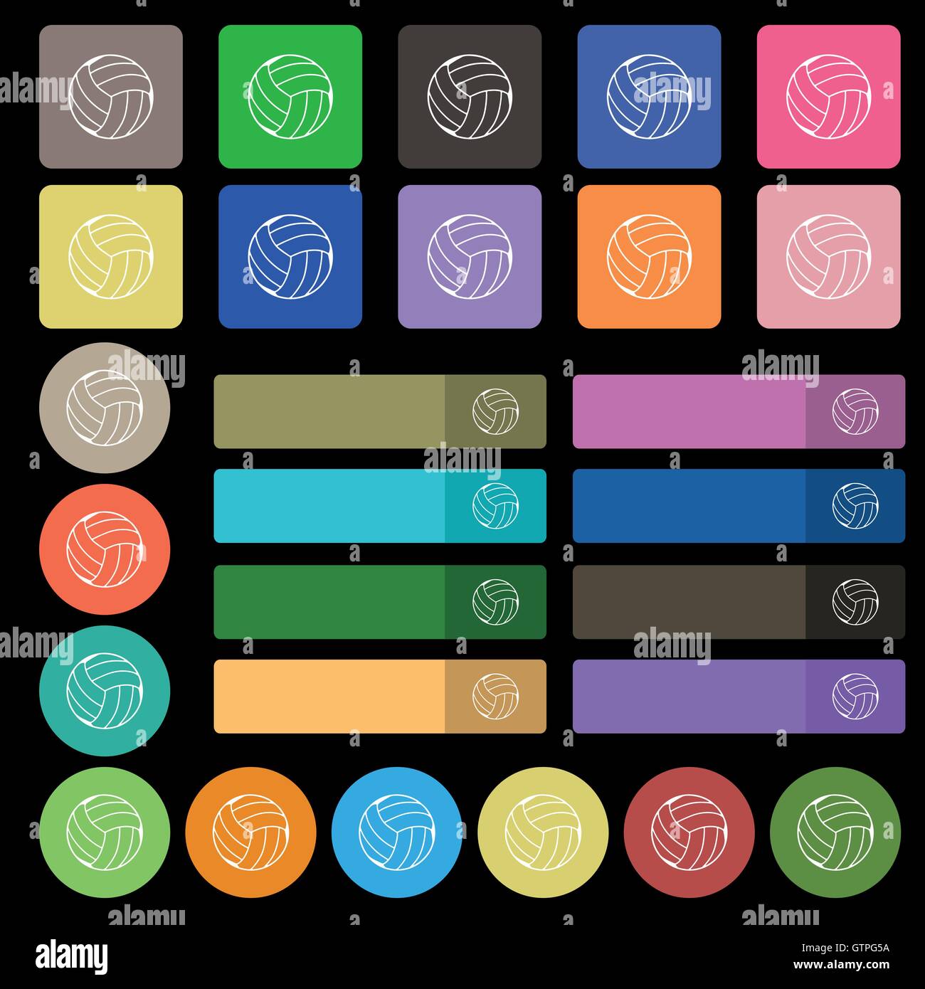 Volleyball-Symbol Zeichen. Eingestellt von siebenundzwanzig mehrfarbige flache Schaltflächen. Vektor Stock Vektor