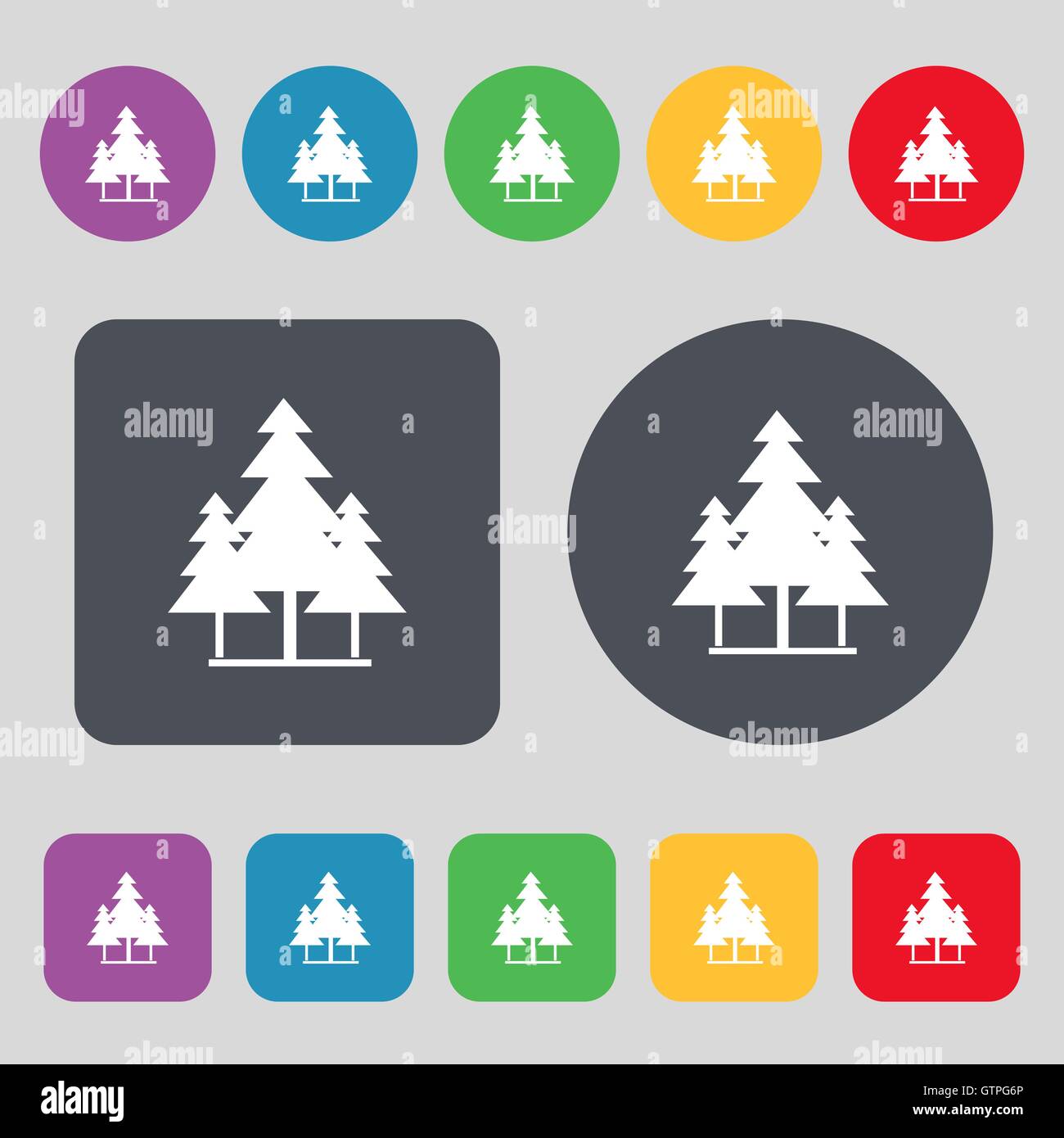 Weihnachtsbaum-Symbol Zeichen. Ein Satz von 12 farbige Tasten. Flaches Design. Vektor Stock Vektor