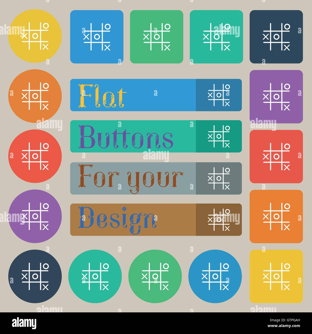 Tic tac Toe Spiel Vektor Symbol Zeichen. Satz von zwanzig farbige flache, Runde, quadratische und rechteckige Schaltflächen. Vektor Stock Vektor