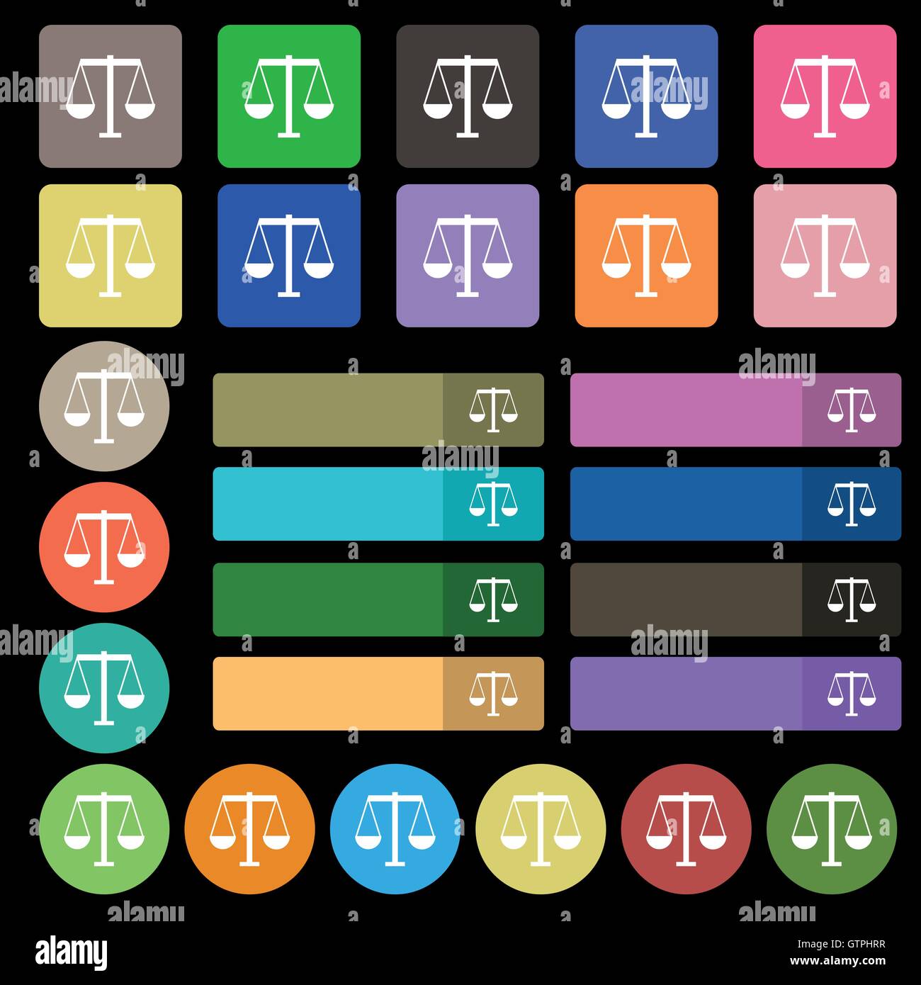 Waage der Gerechtigkeit Symbol Zeichen. Eingestellt von siebenundzwanzig mehrfarbige flache Schaltflächen. Vektor Stock Vektor