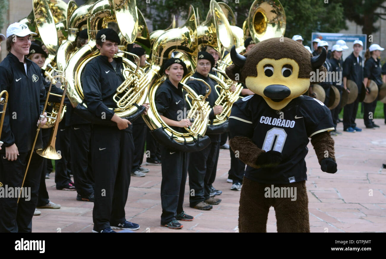 Musiker von der University of Colorado Marching Band und "Chip" Stockfoto