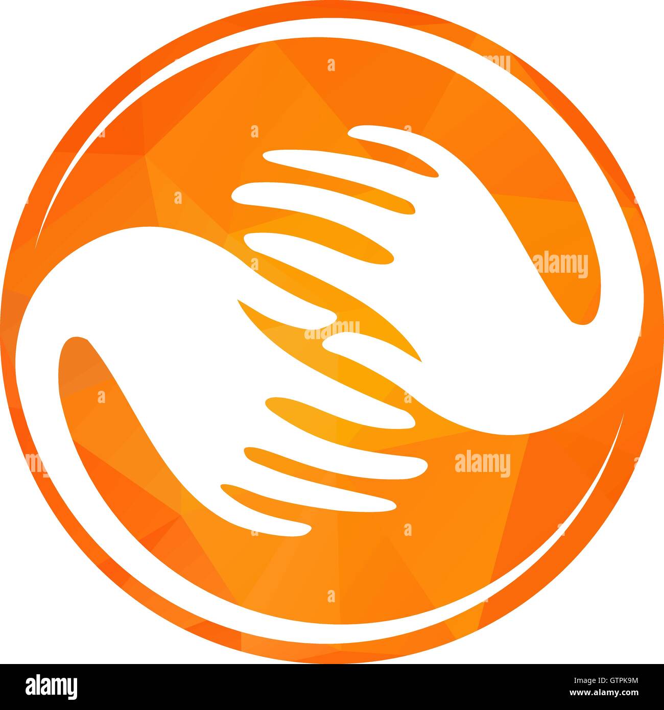 Isolierte gelbe Runde Logo. Weiße Hände in einem gelben Kreis. Globale Verbindung Zeichen. Globalisierung-Symbol. Hilfsbereite Menschen. Nächstenliebe Stock Vektor