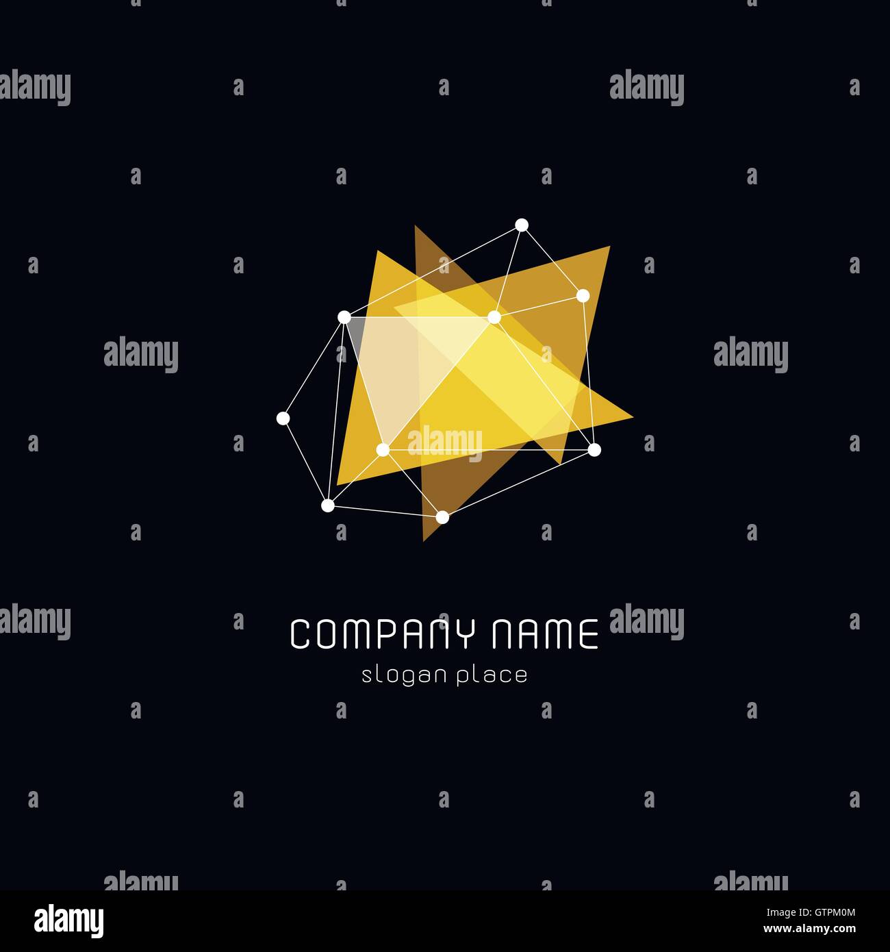 Isolierte abstrakte transluzente Dreiecke Vektor-Logo. Geometrische Form Schriftzug auf schwarzem Hintergrund. Gelbe Farbe glänzend polygo Stock Vektor