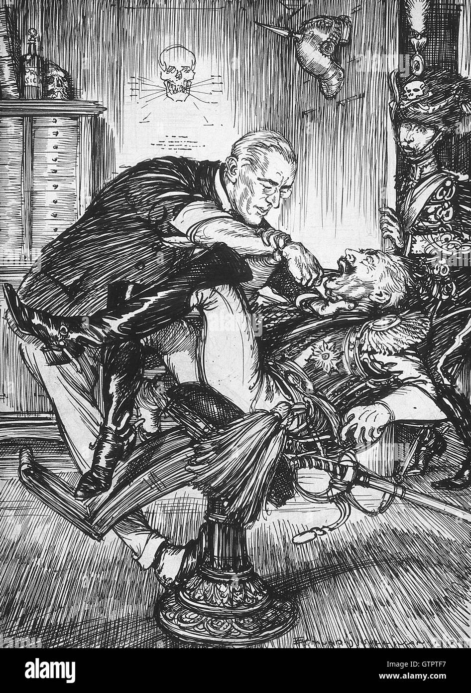 WOODROW WILSON (1856-1924) Karikatur aus dem Jahr 1918 zeigt Präsident Wilson fröhlich extrahierende Zähne aus der Kaiser-Wilhelm. Beachten Sie den Schädel an der Wand und die ängstlich deutschen Soldaten beobachten die schmerzhafte Operation. Stockfoto