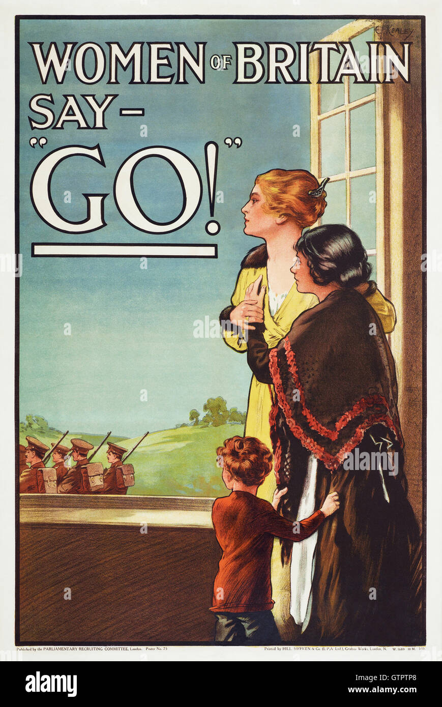 FRAUEN VON VISITBRITAIN SAGEN - "GO!"  Plakat von dem Parlamentsausschuss Recruting im Mai 1915 ausgestellt. Der Künstler war E J Kealey Stockfoto