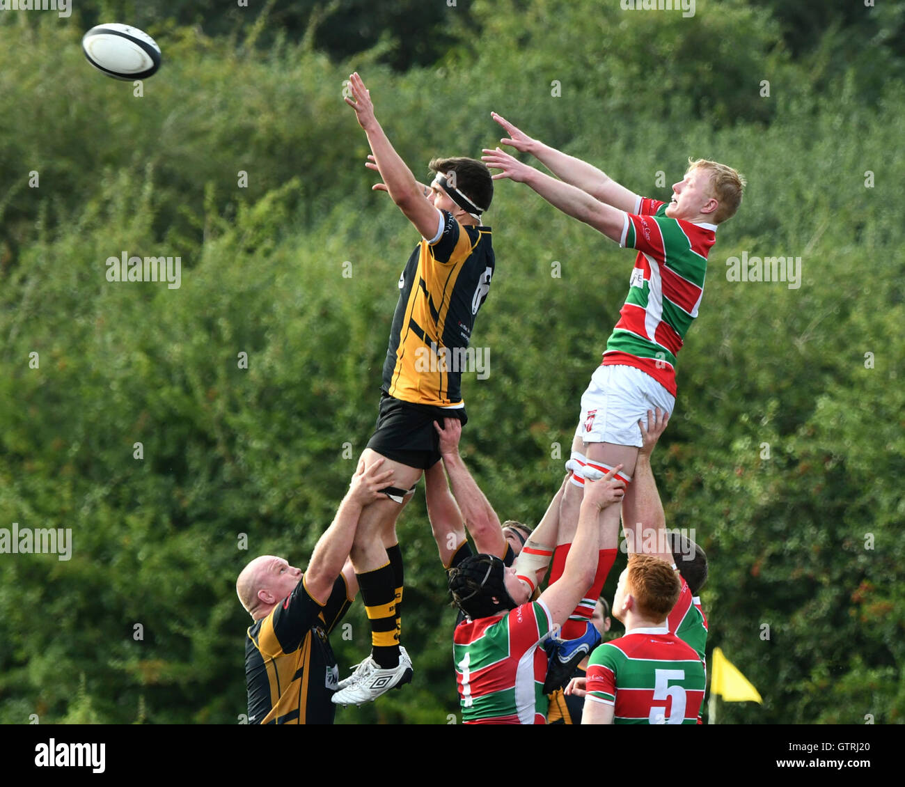 Stockport UK 10. September 2016 Aktion aus dem Spiel zwischen Burnage (in schwarz und gelb) und Warrington (in rot-grün und weiß) in Liga 1 Nordwest, die Burnage 20-16 gewann. Stockfoto