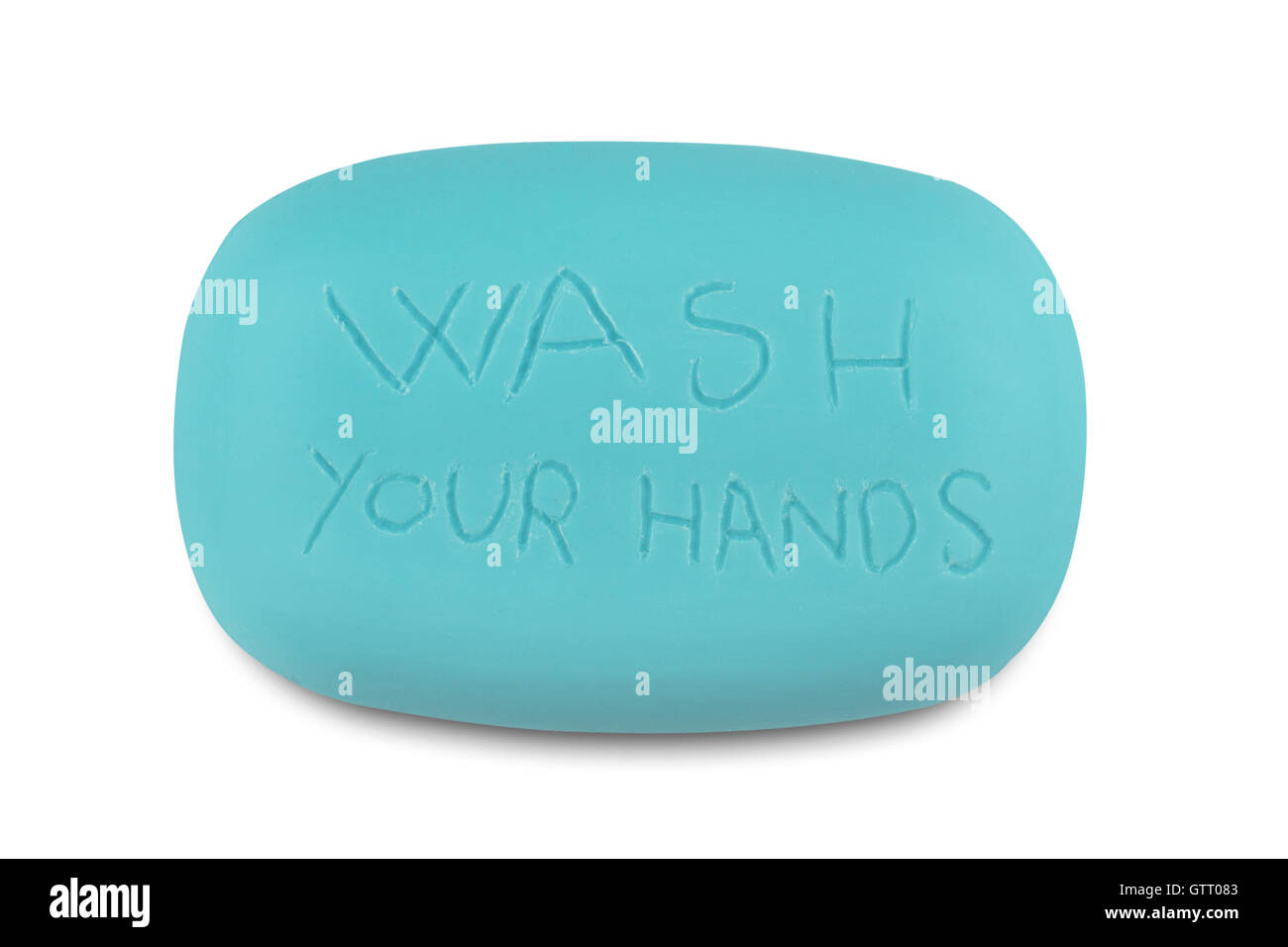 Draufsicht auf eine blaue Seife mit den Worten waschen Sie Ihre Hände auf es zerkratzt Stockfoto