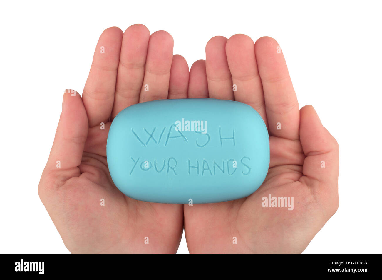 Draufsicht der weiblichen Hände halten eine blaue Seife mit dem Worte waschen Ihre Hände auf es zerkratzt Stockfoto
