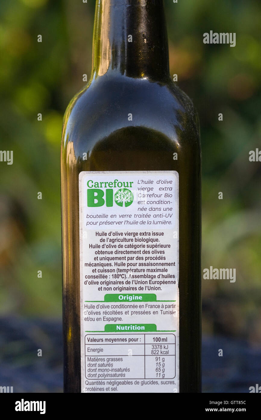 Bio Olivenöl Französisch-Label. Stockfoto