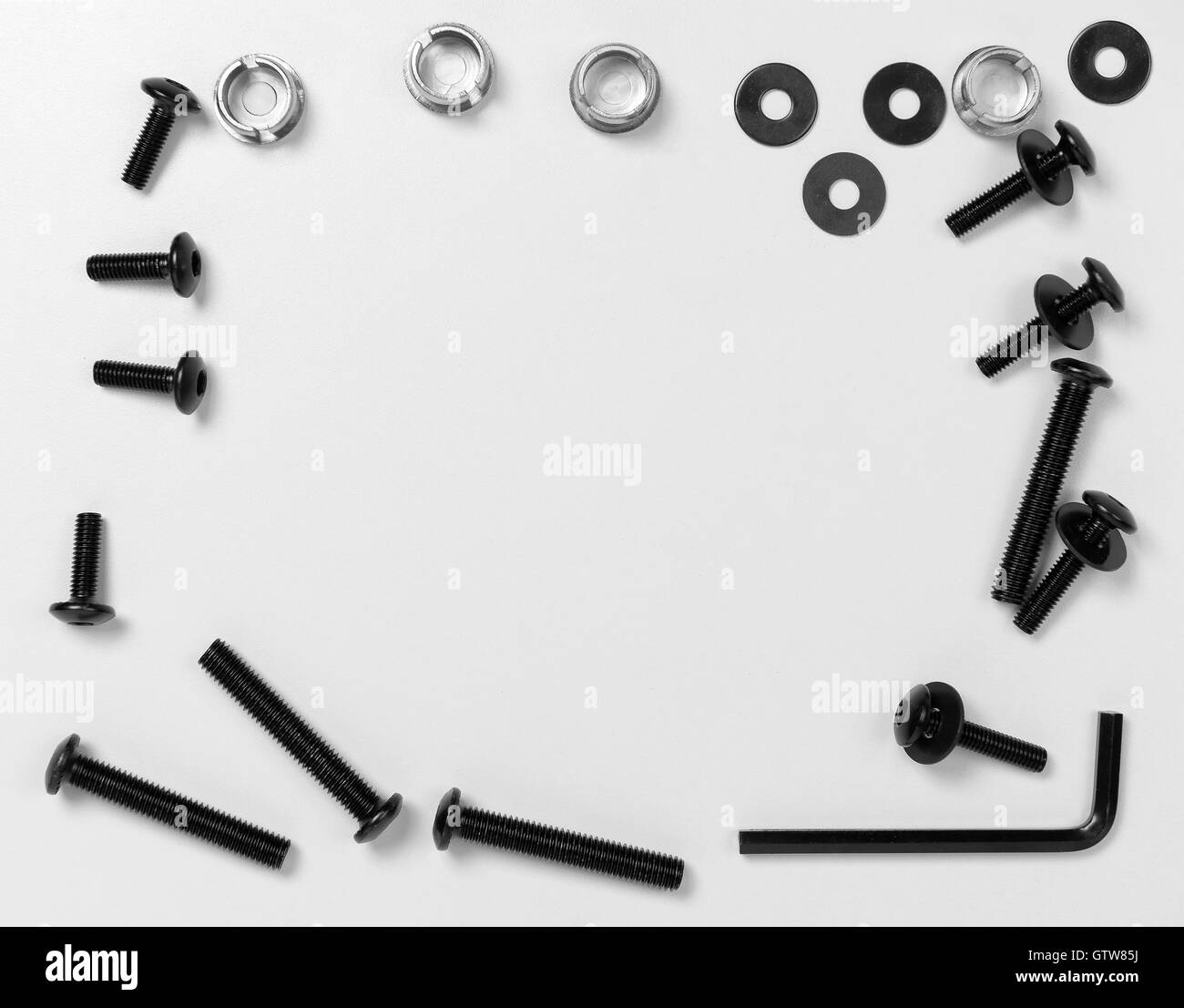 Metallischen Hintergrund mit Screwbolts Schraube Unterlegscheiben und Bau Muttern Raum Bild kopieren Reparatur Konzept Stockfoto