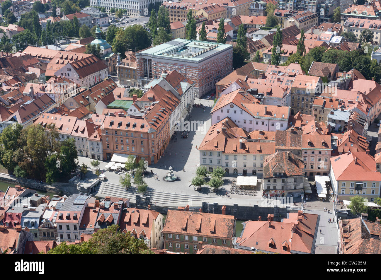 einen Panoramablick über Ljubljana aus dem Burgberg. Stockfoto