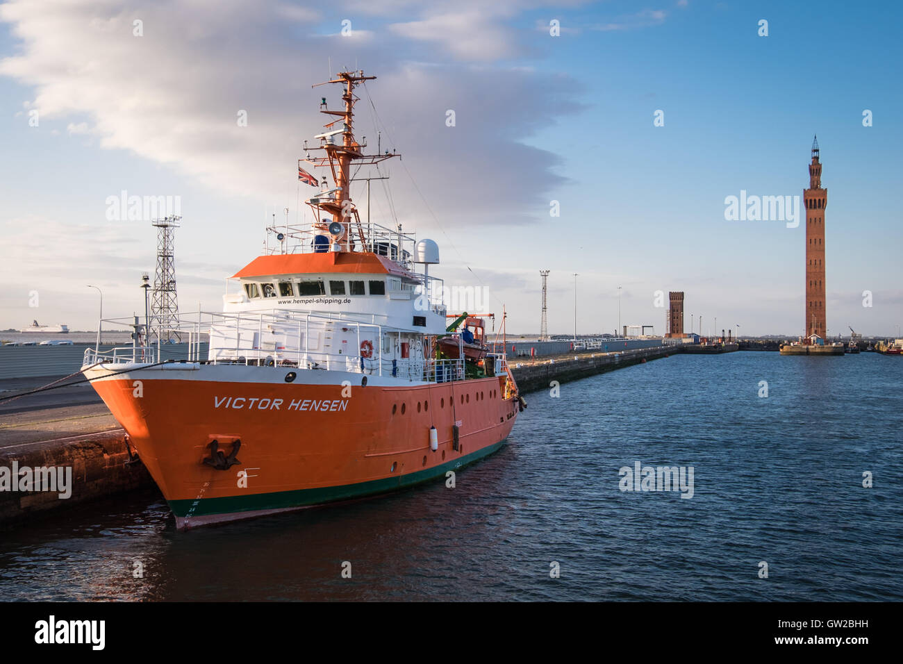 Vermessungsschiff Victor Hensen in Grimsby Royal Docks während der Hornsea Projekt ein UXO-Umfrage Stockfoto