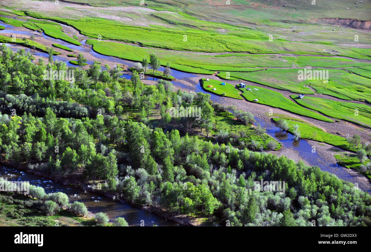 Camp Fluss, Tavagatai Berge, Mongolei Stockfoto