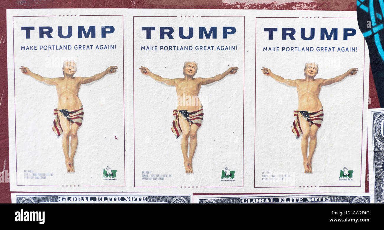 Eine politische Satire-Plakat mit dem Titel Trump: machen Portland große wieder zeigt drei Karikaturen von Donald Trump Stockfoto