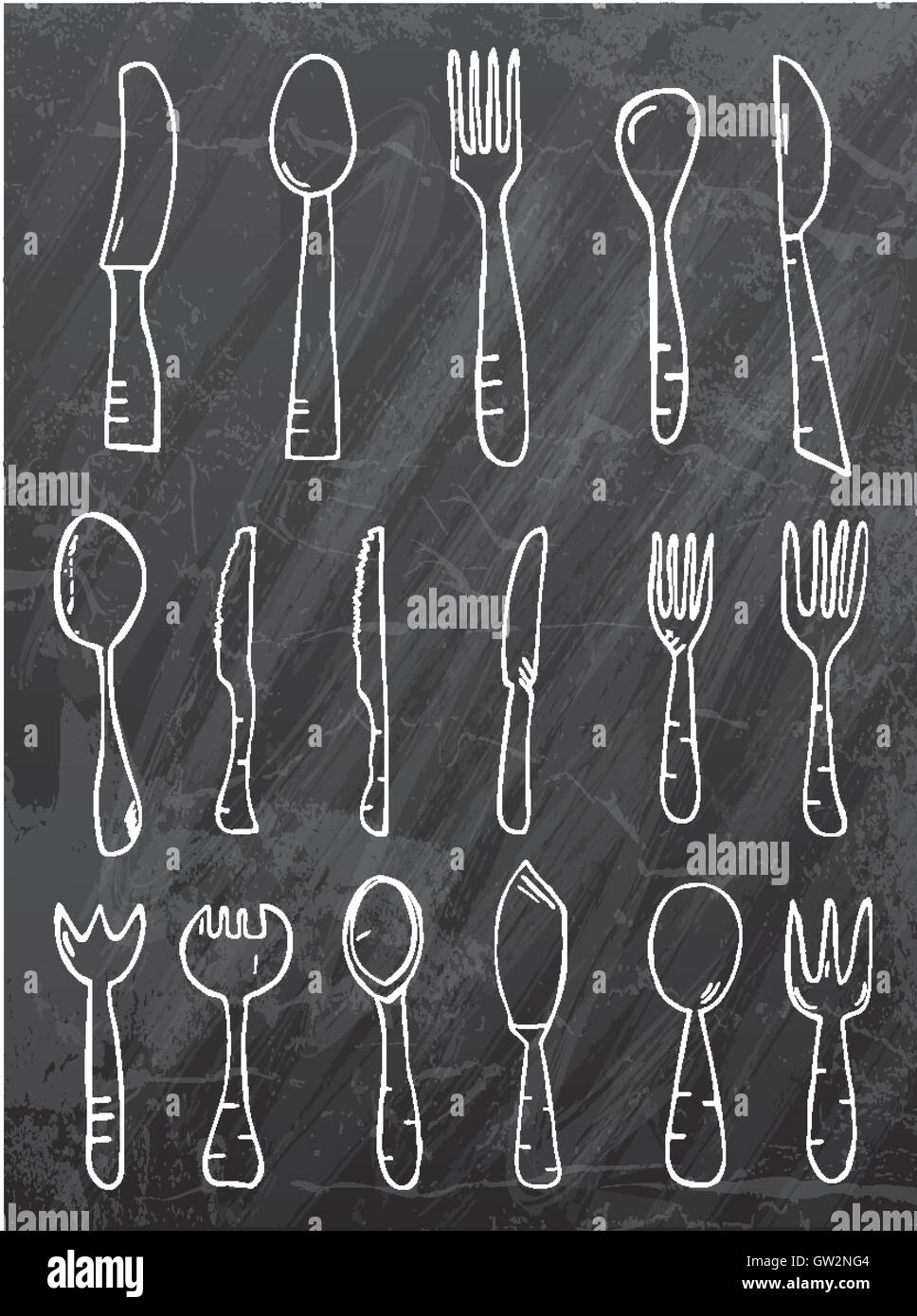 Löffel Messer Gabel auf schwarze Kreide an Bord. Handgezeichnete isolierte Objekte. Skizze. Vektor-Illustration. Stock Vektor