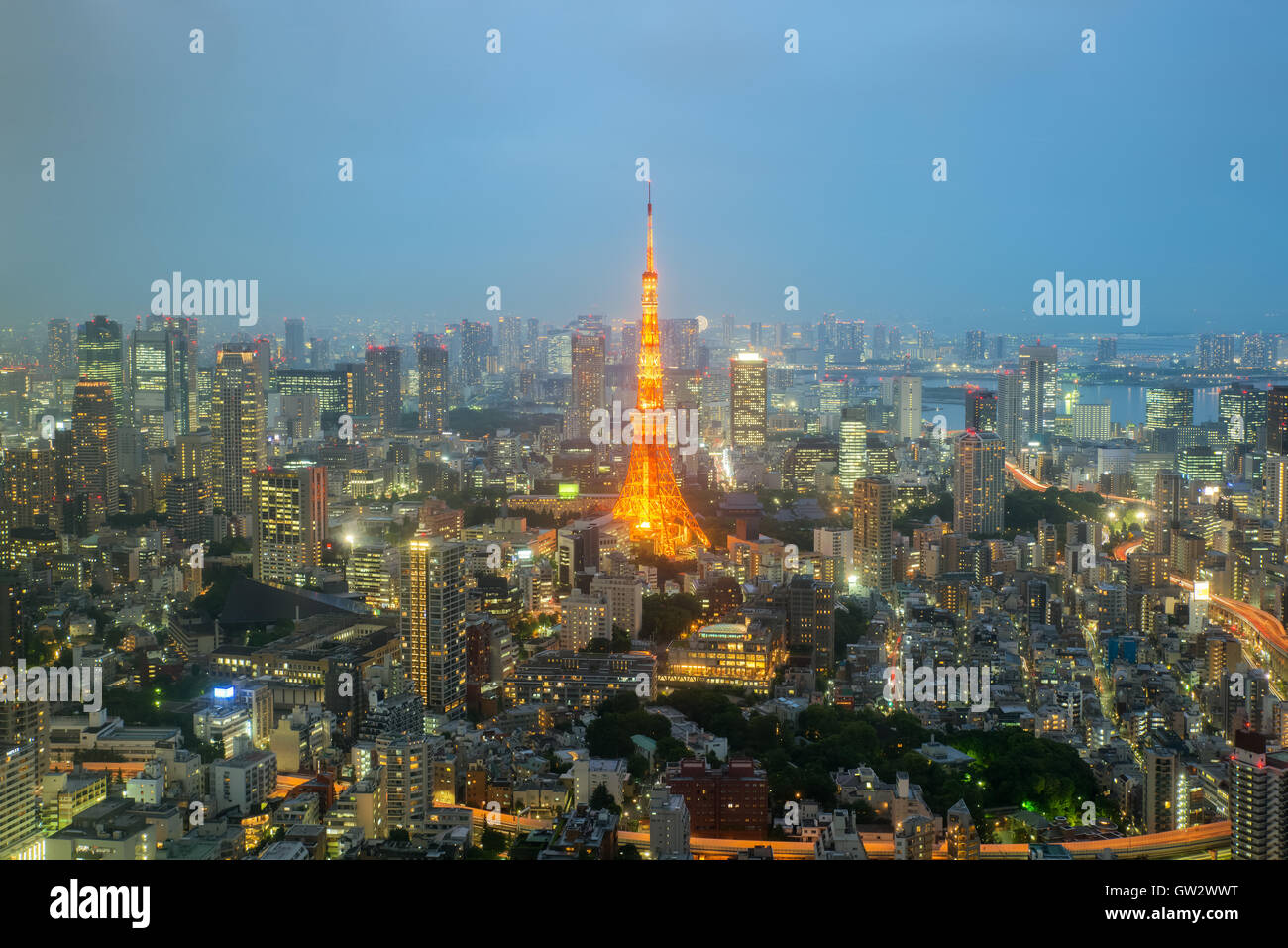 Tokyo Tower und die Skyline von Tokyo und Wolkenkratzer in Nacht in Tokyo, Japan Stockfoto