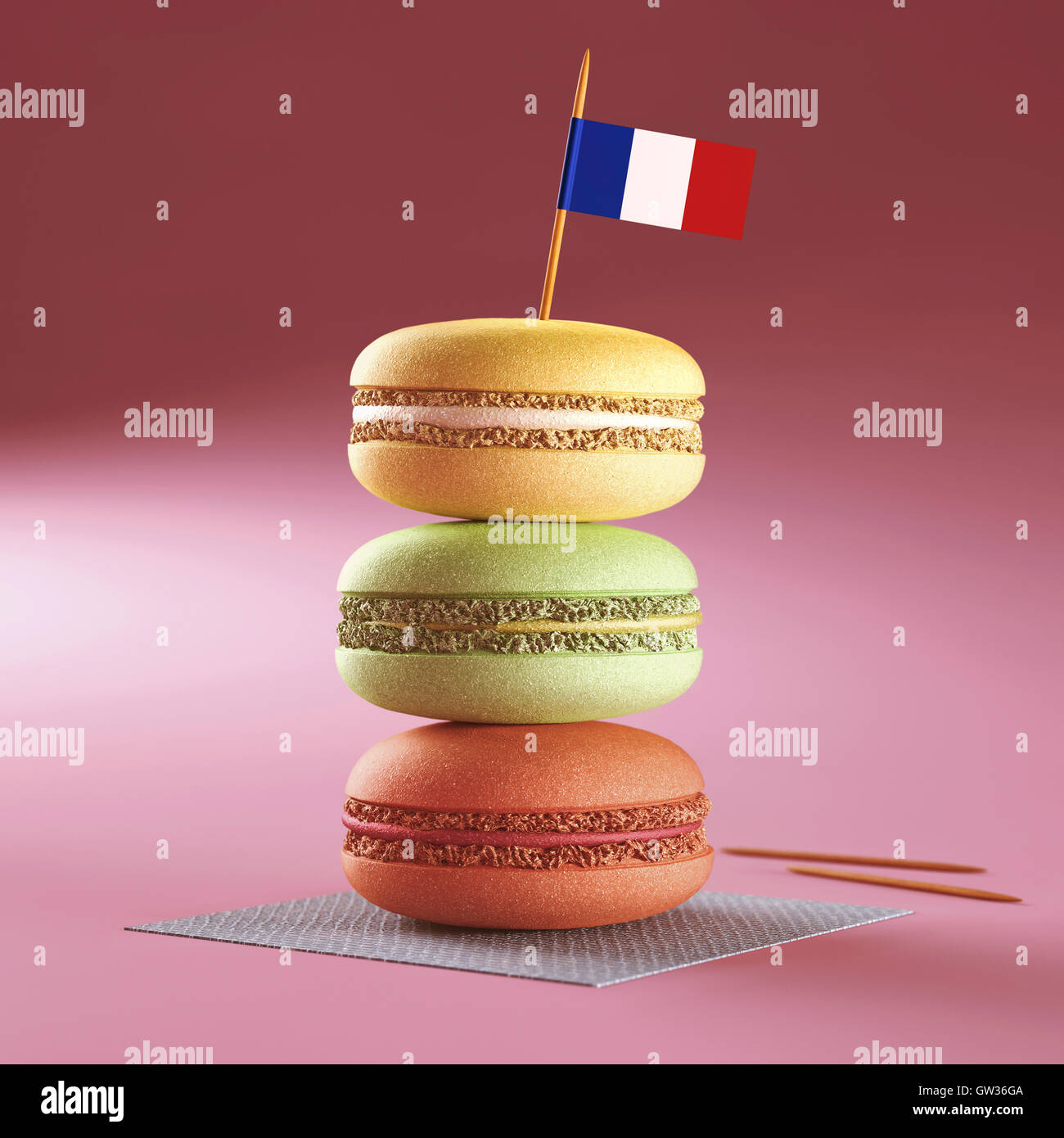 Makronen mit französischer Flagge. Stockfoto