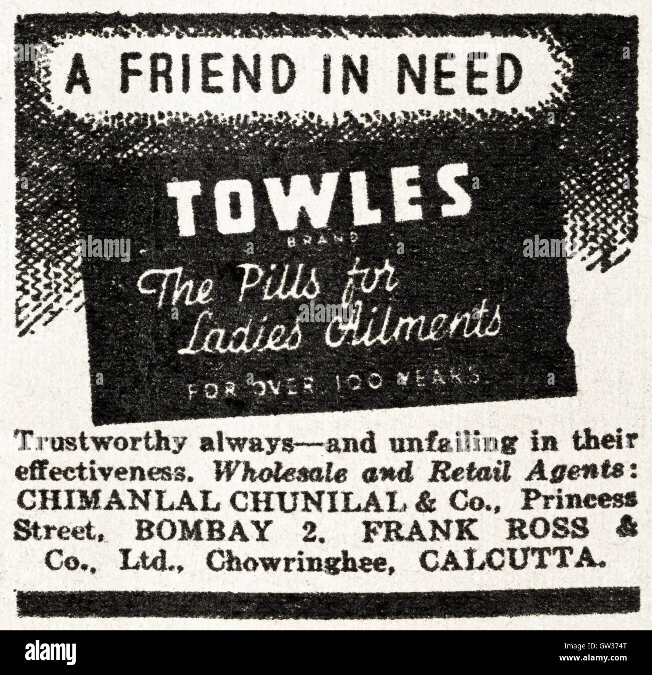 Werbung Werbung Handtücher & Pillen für Damen Beschwerden durch Chimanlal Chunilal Calcutta original alten Vintage Anzeige von englischsprachiges Magazin in Indien vom 1945 veröffentlicht Stockfoto