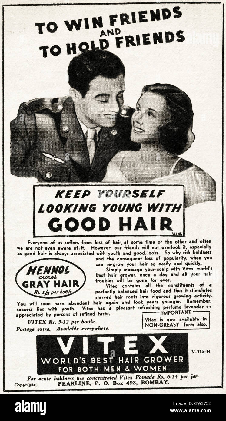 Werbung Werbung Vitex Haar Züchter für Männer & Frauen von Pearline von Bombay original alten Vintage advert aus englischsprachiges Magazin in Indien vom 1945 veröffentlicht Stockfoto