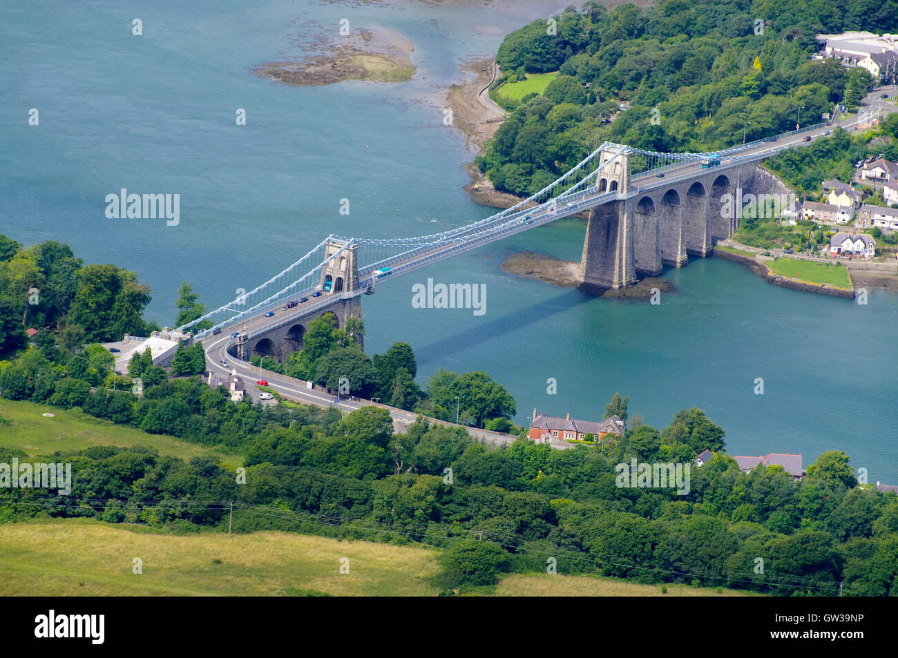 Antenne, Menai Strait und die Brücken, Stockfoto