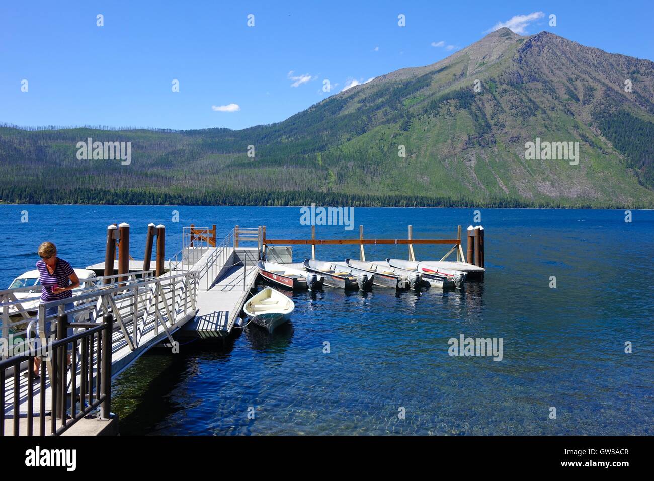 Bootsanlegestelle am Lake McDonald, Glacier National Park, Montana Stockfoto