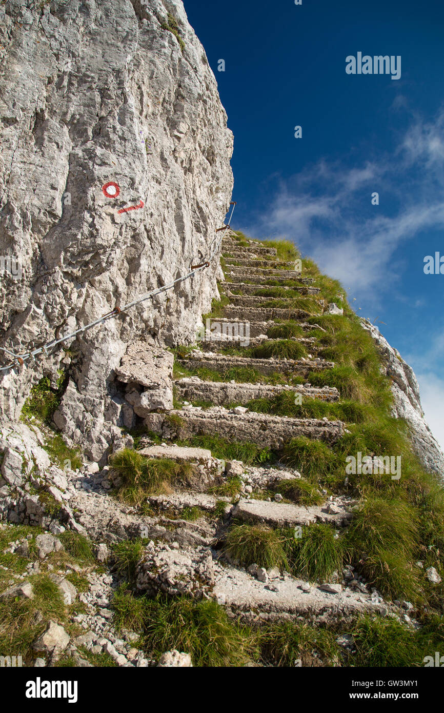 Treppen auf den Felsen in den ersten Weltkrieg auf Batognice, Julischen Alpen, Krn, Slowenien Stockfoto