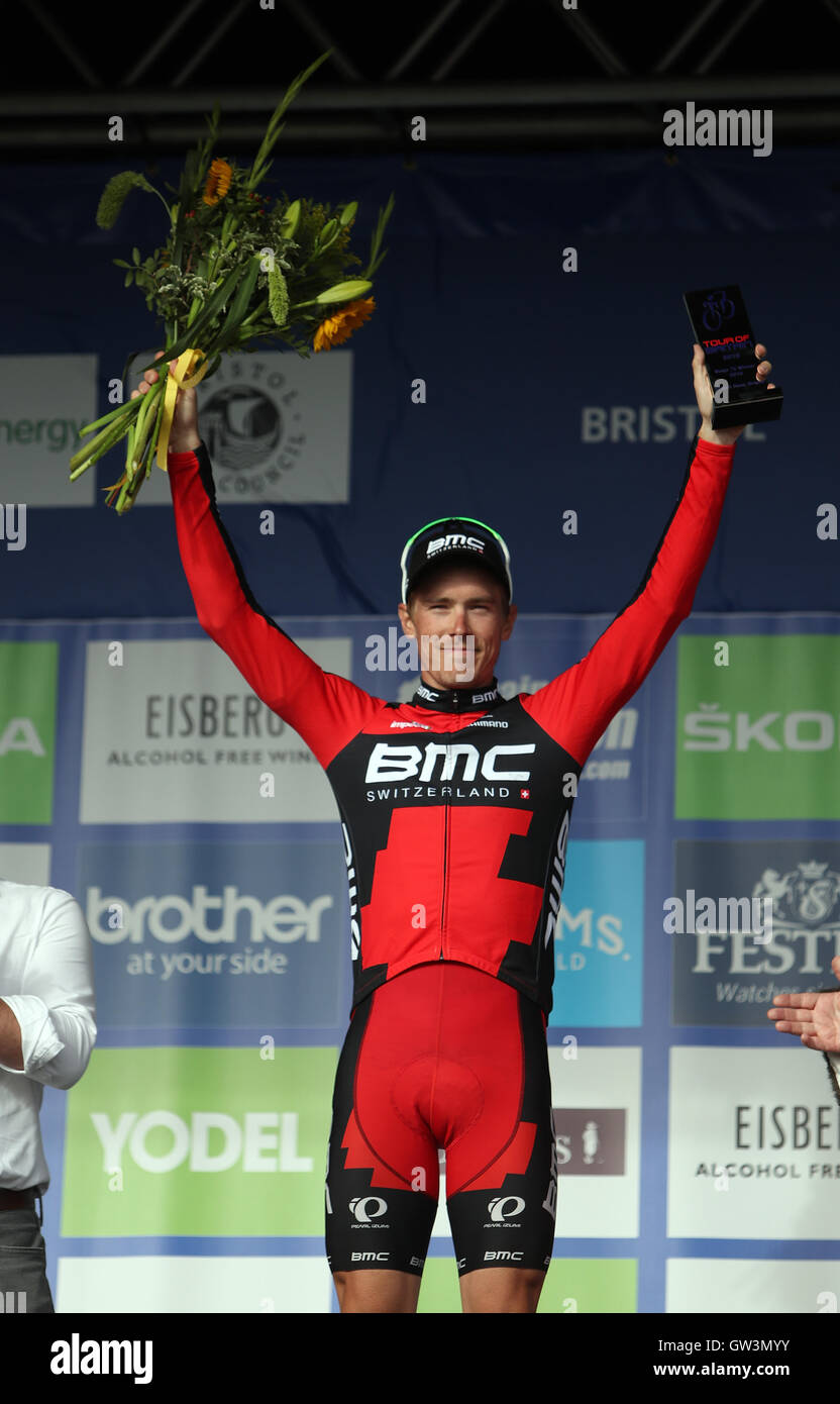 BMC Racing Rohan Dennis feiert seinen Sieg in Stufe sieben 2016 Tour of Britain in Bristol. Stockfoto