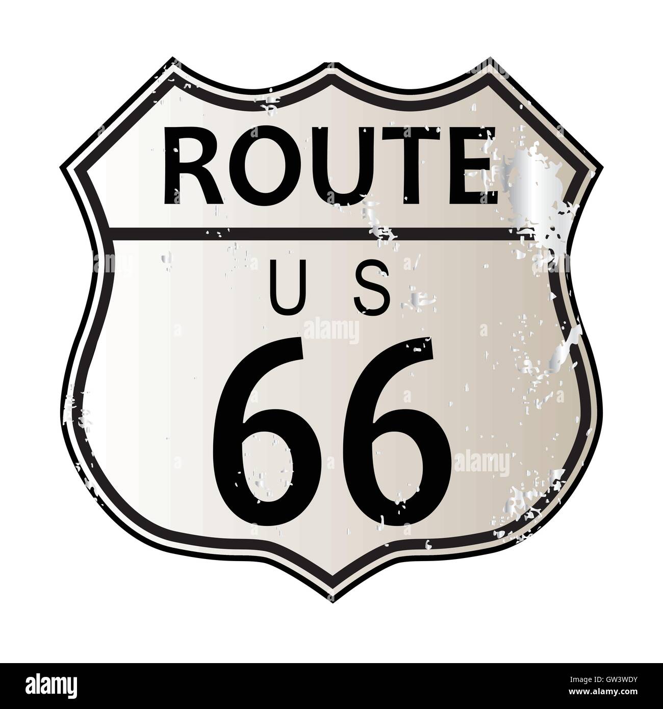 Route 66 Verkehrszeichen auf einem weißen Hintergrund und die Legende ROUTE 66 U.S. Stock Vektor