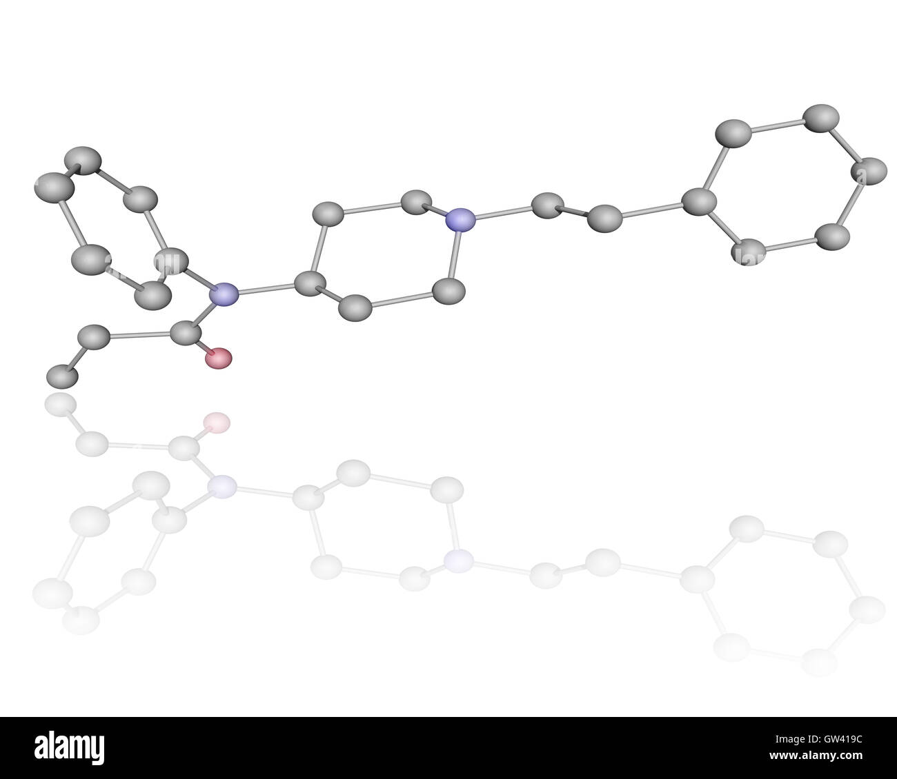 Molekulare 3D-Modell von Fentanyl in weiß mit Reflexion, isoliert. Stockfoto