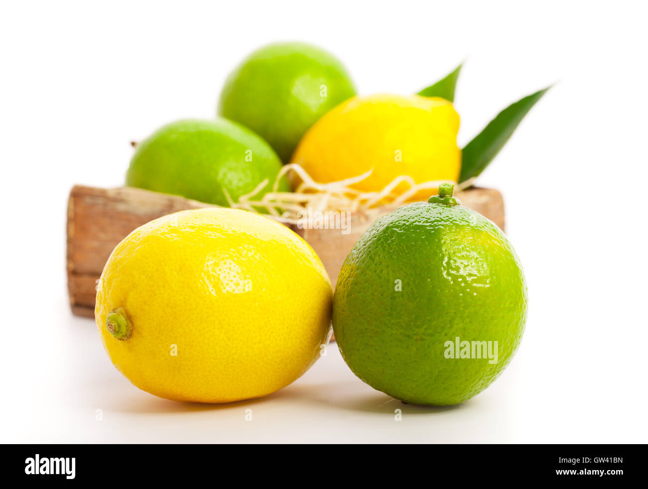 Frische Zitrone und Limette, isoliert auf weißem Hintergrund Stockfoto