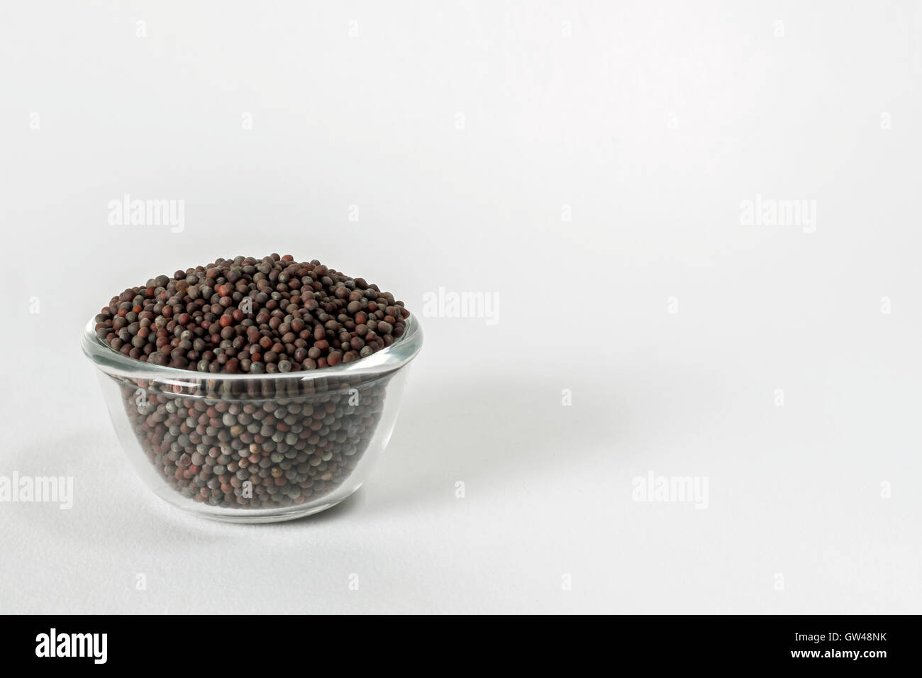 Trockene schwarze Senfsamen in einer durchsichtigen Glasschüssel auf weiß Stockfoto