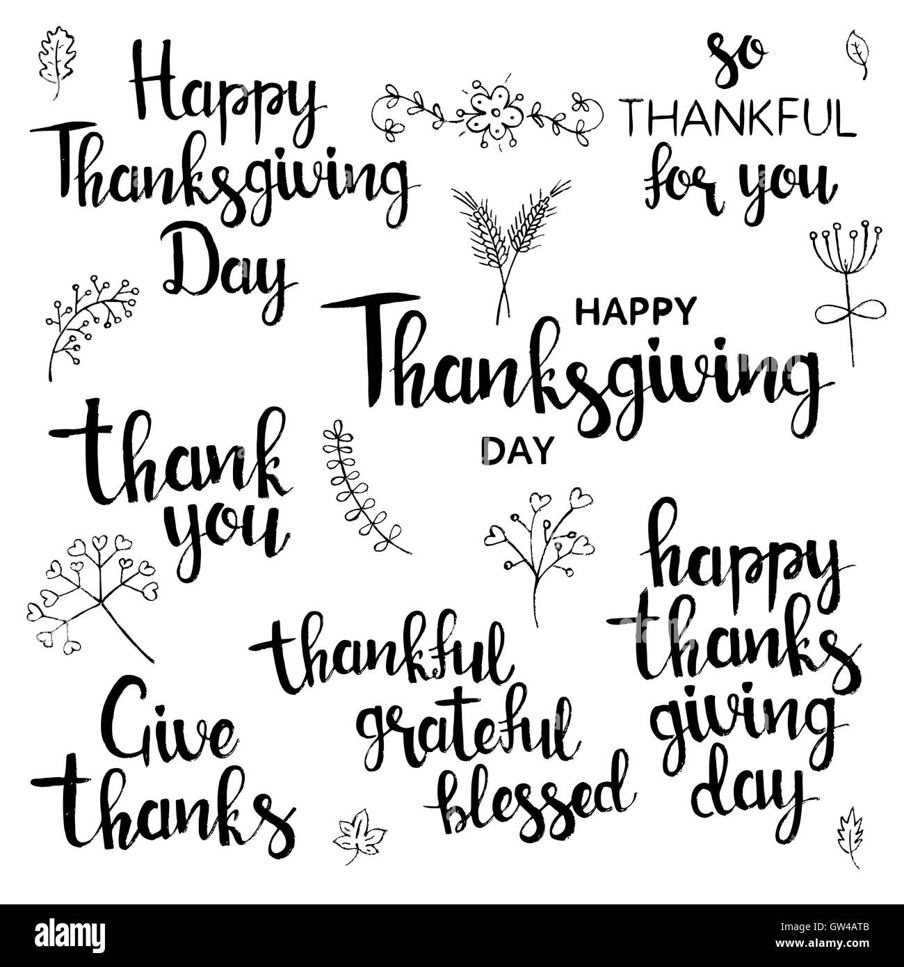 Happy Thanksgiving Day Schriftzug Set. Moderne Vektor hand gezeichnete Kalligraphie mit Weizen, Blumen, Blätter, Zweige und Beeren Stock Vektor