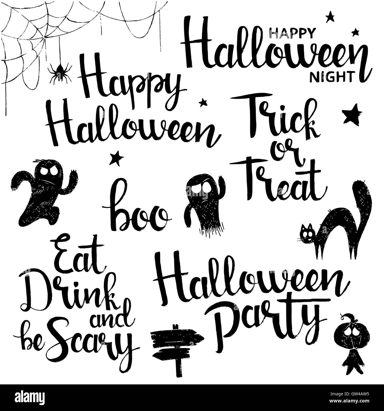 Happy Halloween Schriftzug Set. Moderne Vektor handgezeichnete Kalligraphie mit Geistern, Monstern, schwarze Katze, Spinne und web Stock Vektor