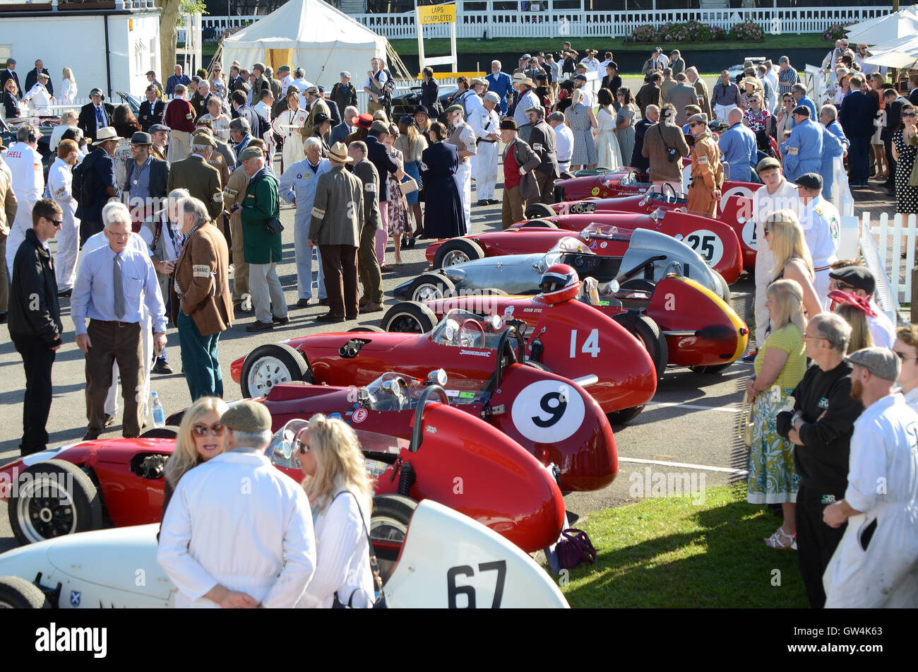 Die Goodwood Revival Montagebereich mit klassischen Vintage Racing Cars, Treiber und Besatzungen Stockfoto