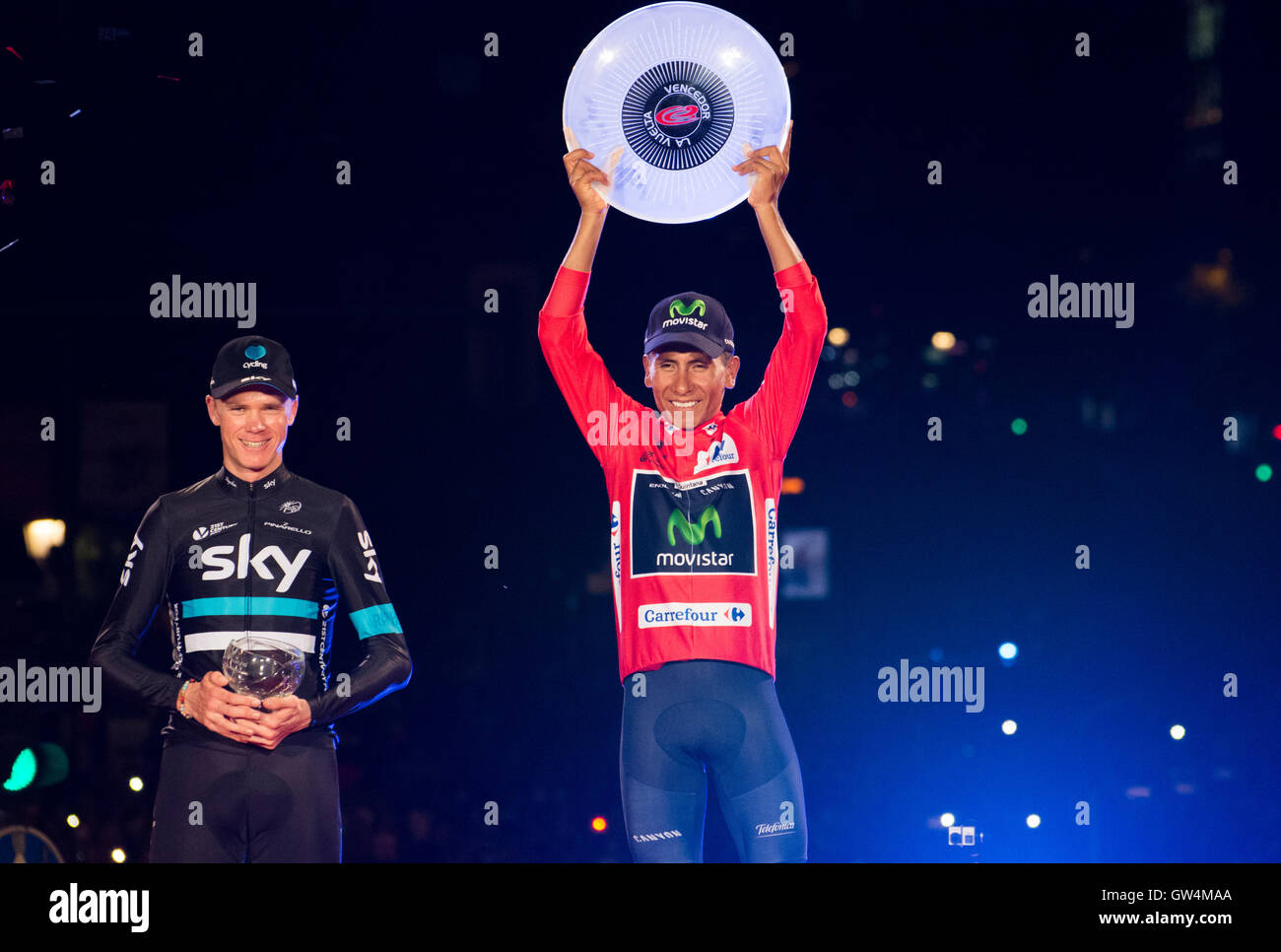 Madrid, Spanien. 11. September 2016. Chris Froome (2.), Nairo Quintana (1.) am letzten Podiumsplatz der 21. Etappe des Radrennen "La Vuelta a España" (Spanien-Rundfahrt) zwischen Las Rozas und Madrid am 11. September 2016 in Madrid, Spanien. Bildnachweis: David Gato/Alamy Live-Nachrichten Stockfoto