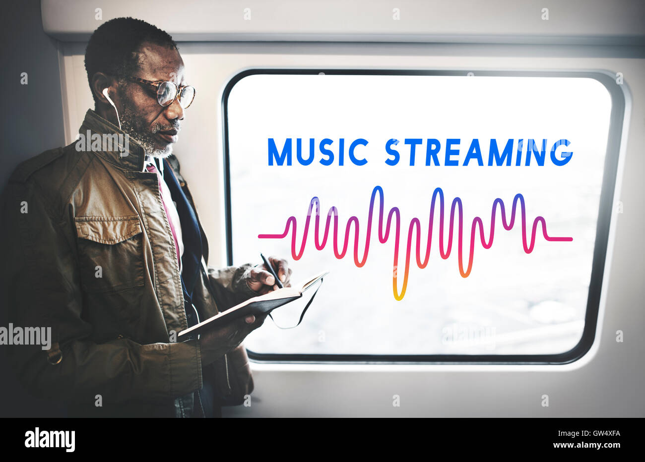Online-Musik Audio-Musik-Streaming-Welle Grafikkonzept Stockfoto