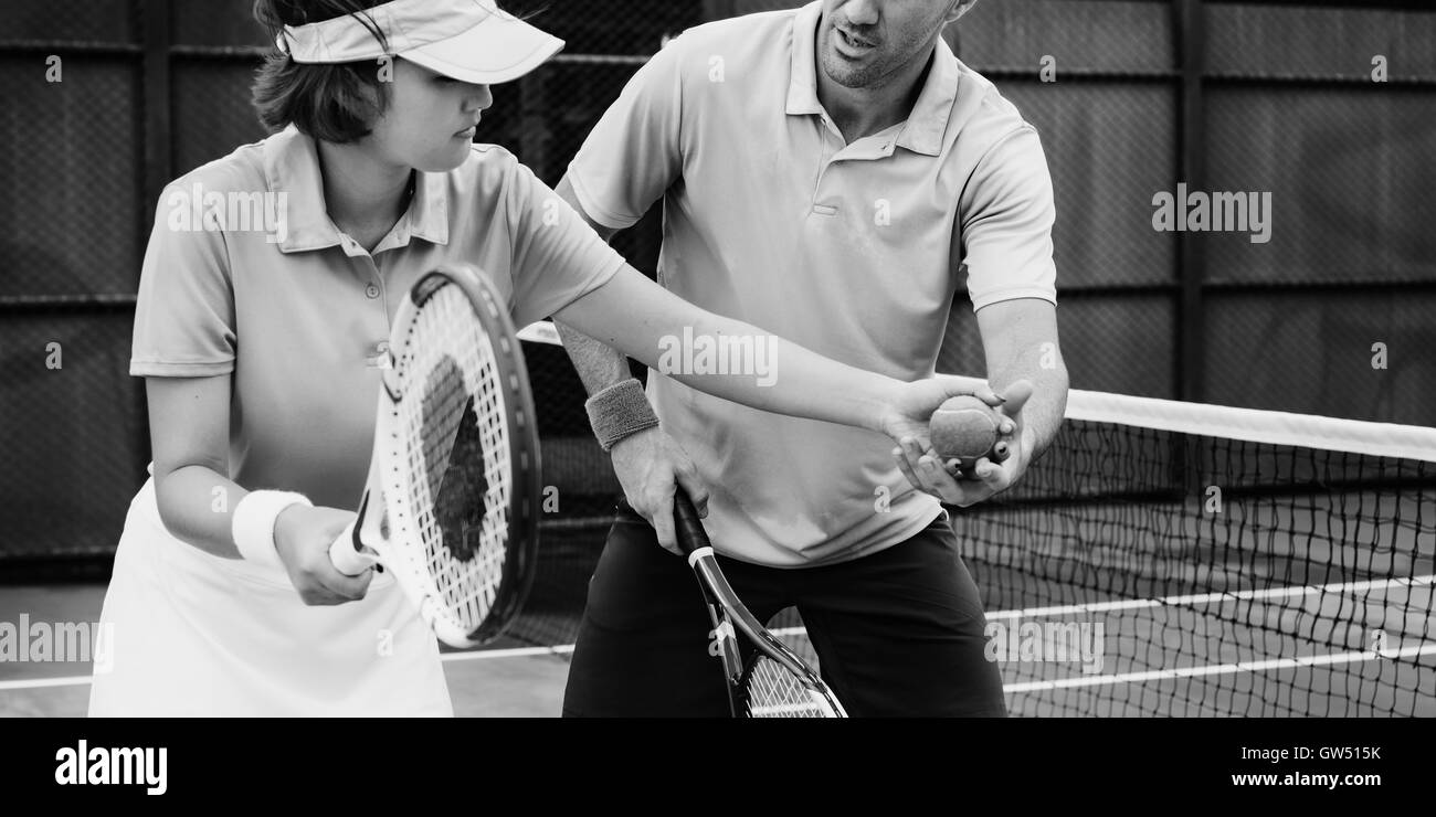 Tennis Coaching Trainer Training Übung aktiv-Konzept Stockfoto