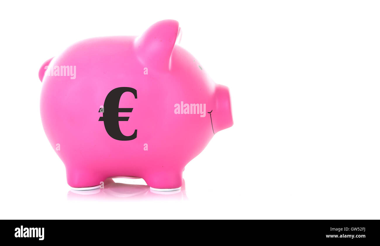 Rosa Sparschwein mit Euro-Symbol auf einem weißen Hintergrund mit Textfreiraum Stockfoto