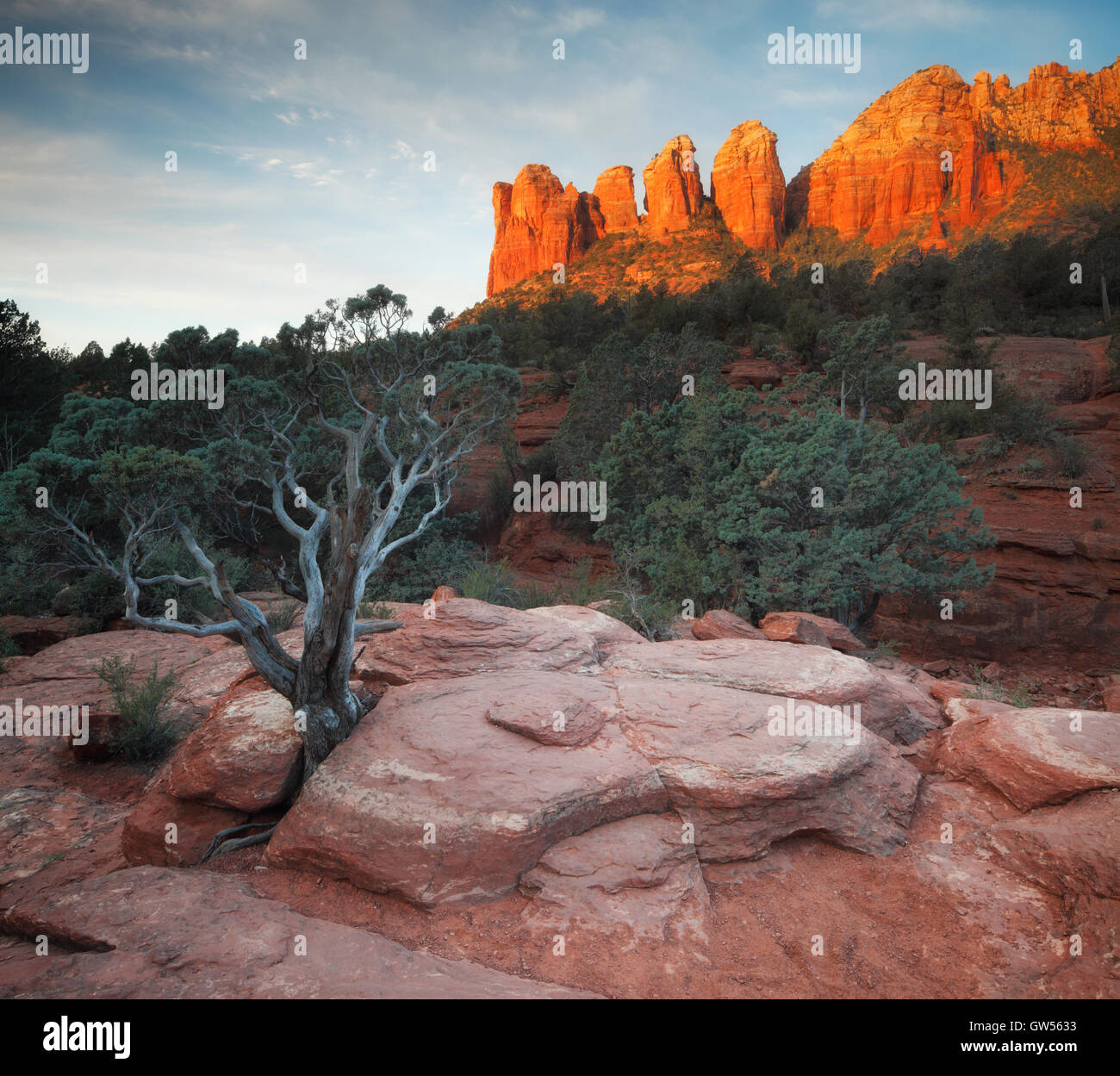 Coffee Pot Rock fängt die ersten Strahlen der Morgensonne in der Nähe der sieben Sacred Pools in Sedona, Arizona. Stockfoto