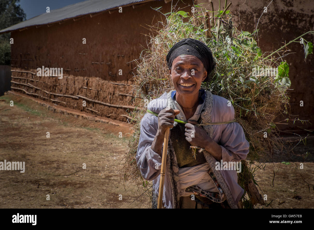 Frau des Stammes Dworze das Omo-Tal in Äthiopien ist eine Zuladung von Tierfutter auf dem Rücken Stockfoto