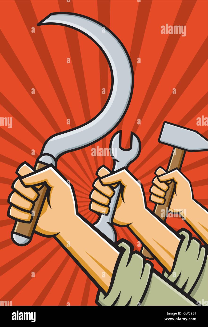 Erhöhten sowjetischen Fäuste Besitz Werkzeuge Hammer, Sichel und Schraubenschlüssel im Stil des russischen konstruktivistischen Propaganda-Plakate. Stock Vektor