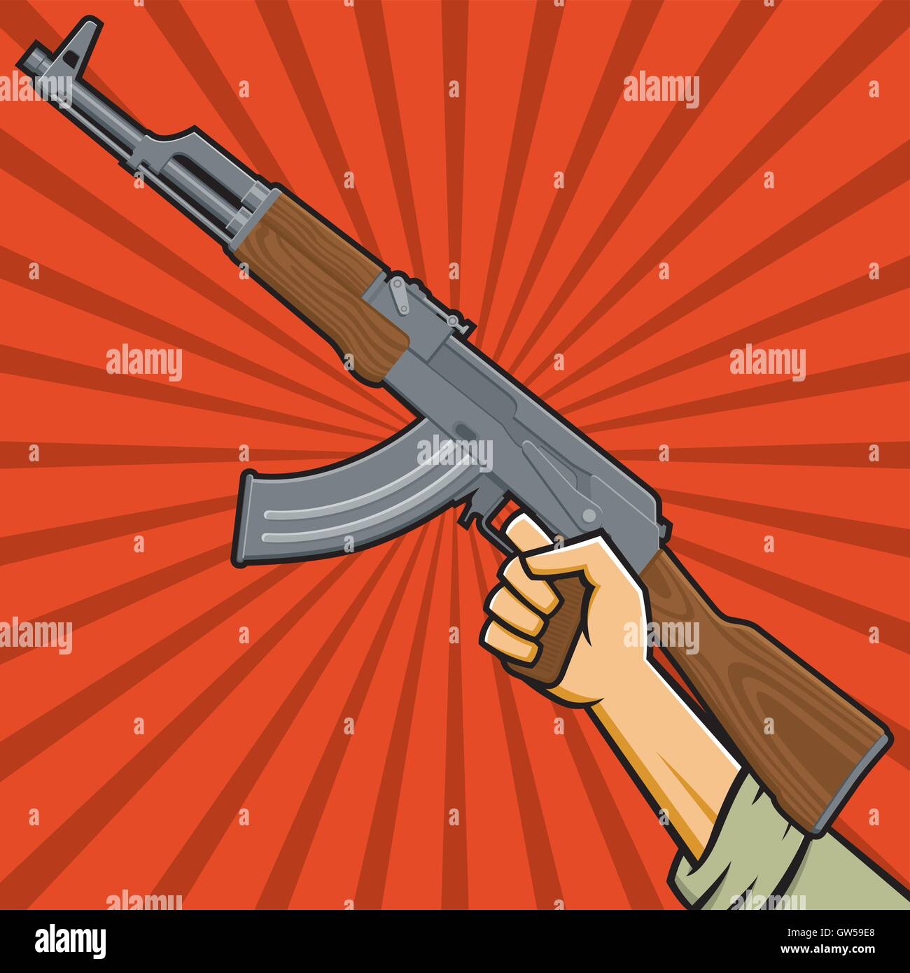 Erhobener Faust hält Maschinenpistole AK47. Hand hält Sturmgewehr über radiale rotem. Im Stil der russischen Propaganda-Plakate. Stock Vektor