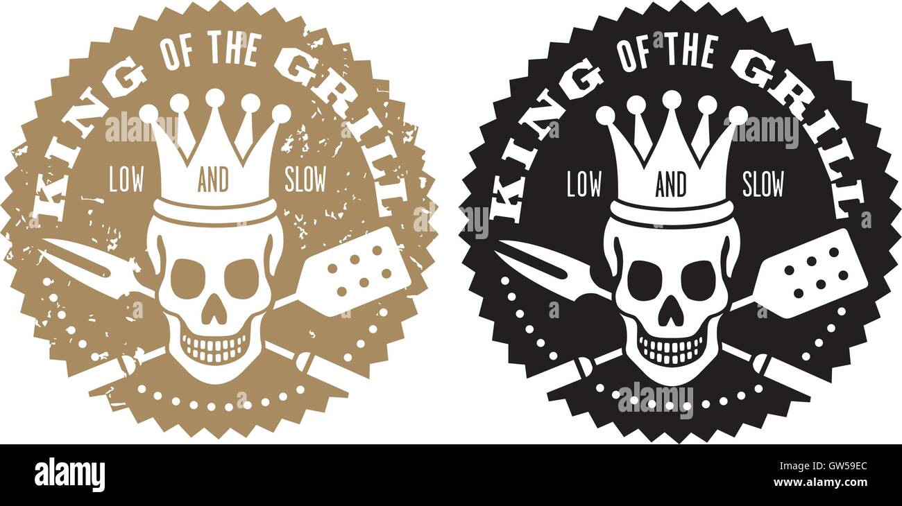 King of Grill-Barbecue-Logo. BBQ-Logo mit Totenkopf mit Krone und gekreuzten Spachtel und Gabel. Schließt sauber und Grunge-Versionen Stock Vektor