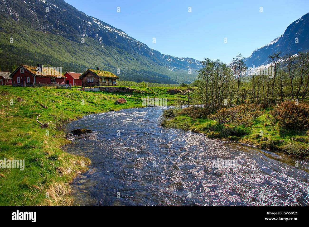 Hütten im Sommer weiden hinter Innvik in Norwegen Stockfoto