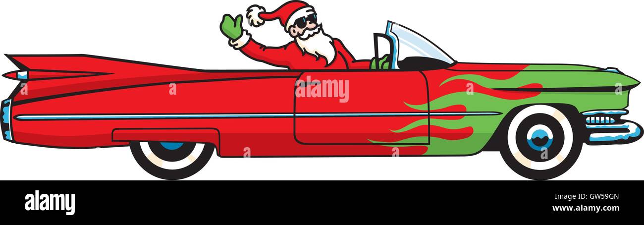 Weihnachten-Cadillac-Vektor-Illustration. Santa kommt zur Stadt in einem Oldtimer Cabrio Cadillac mit grünen Flammen rot lackiert. Stock Vektor
