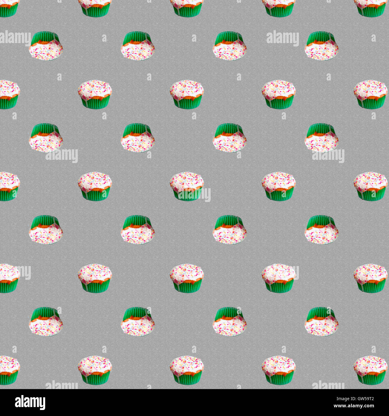Nahtlose Texturmuster von Cupcakes in grüne Kuchen Fällen auf Silber grauen Hintergrund Stockfoto