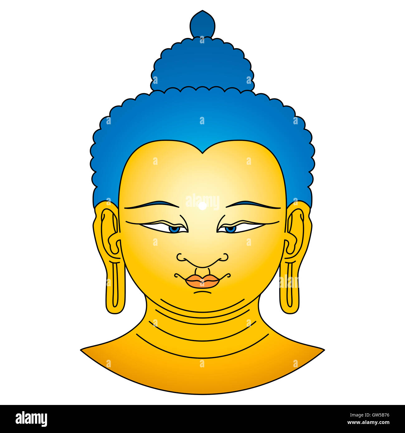Gold farbigen Buddha-Kopf mit blauen Haaren. Bodhisattva-Abbildung auf weißem Hintergrund. Stockfoto
